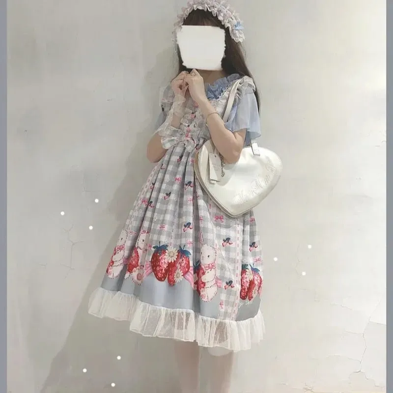 日系洛麗塔連身裙女童草莓兔 Jsk 連身裙女原宿無袖可愛 2026 角色扮演背心