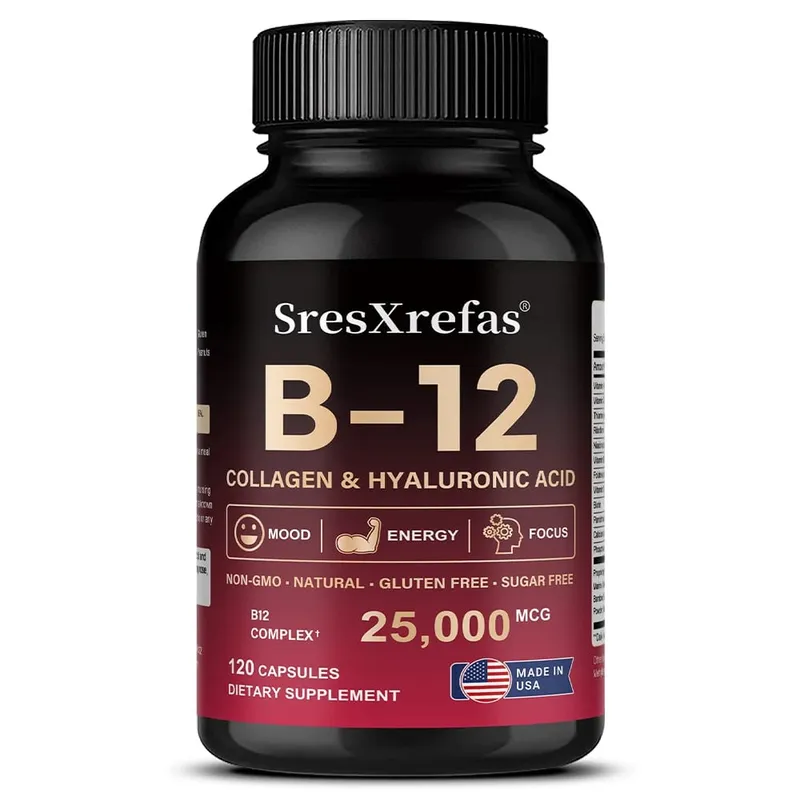 Vitamin B12 with Collagen Hyaluronic Acid - Supports Energy Focus Mood Nervous System & Immune Health Relieves Fatigue