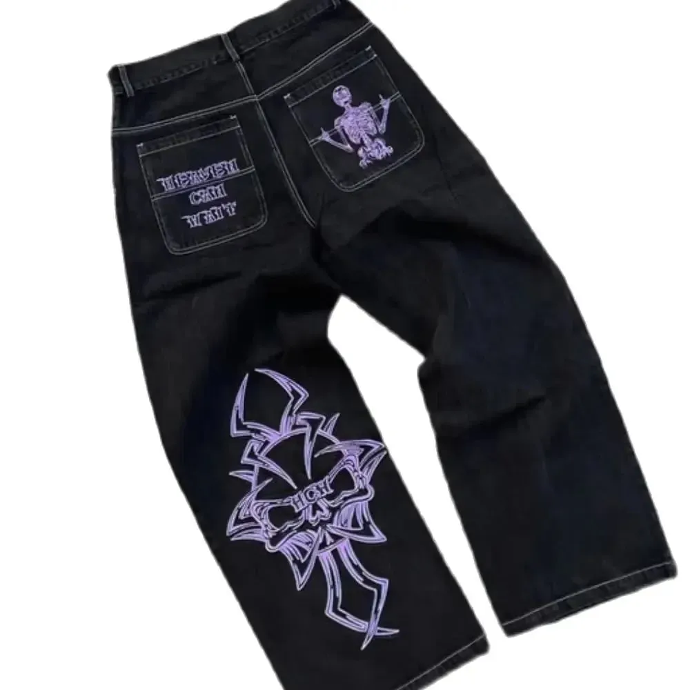 Retro Skull Embroidery Y2K Jeans Mens Hip Hop Washed Baggy Denim Pants New Straight Casual Loose Wide Leg Trouser Streetwear