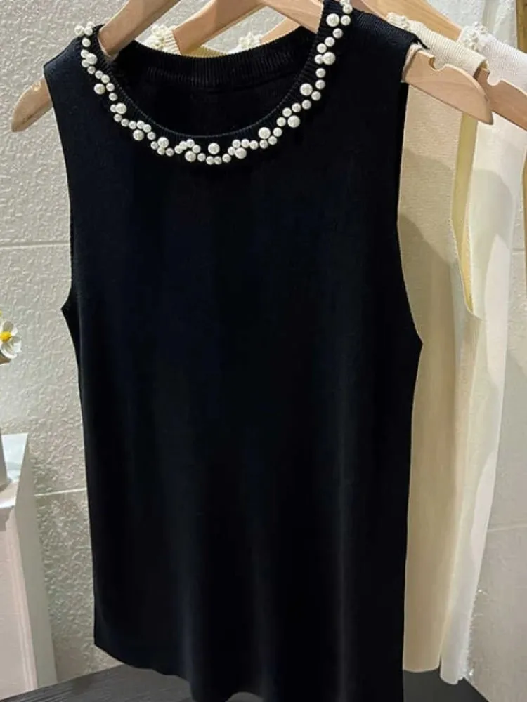 White Women Camisole 2026 New Summer Slim Thin Ice Silk Knit Vest Trendy Beaded Decor O-Neck Sleeveless Tank Top
