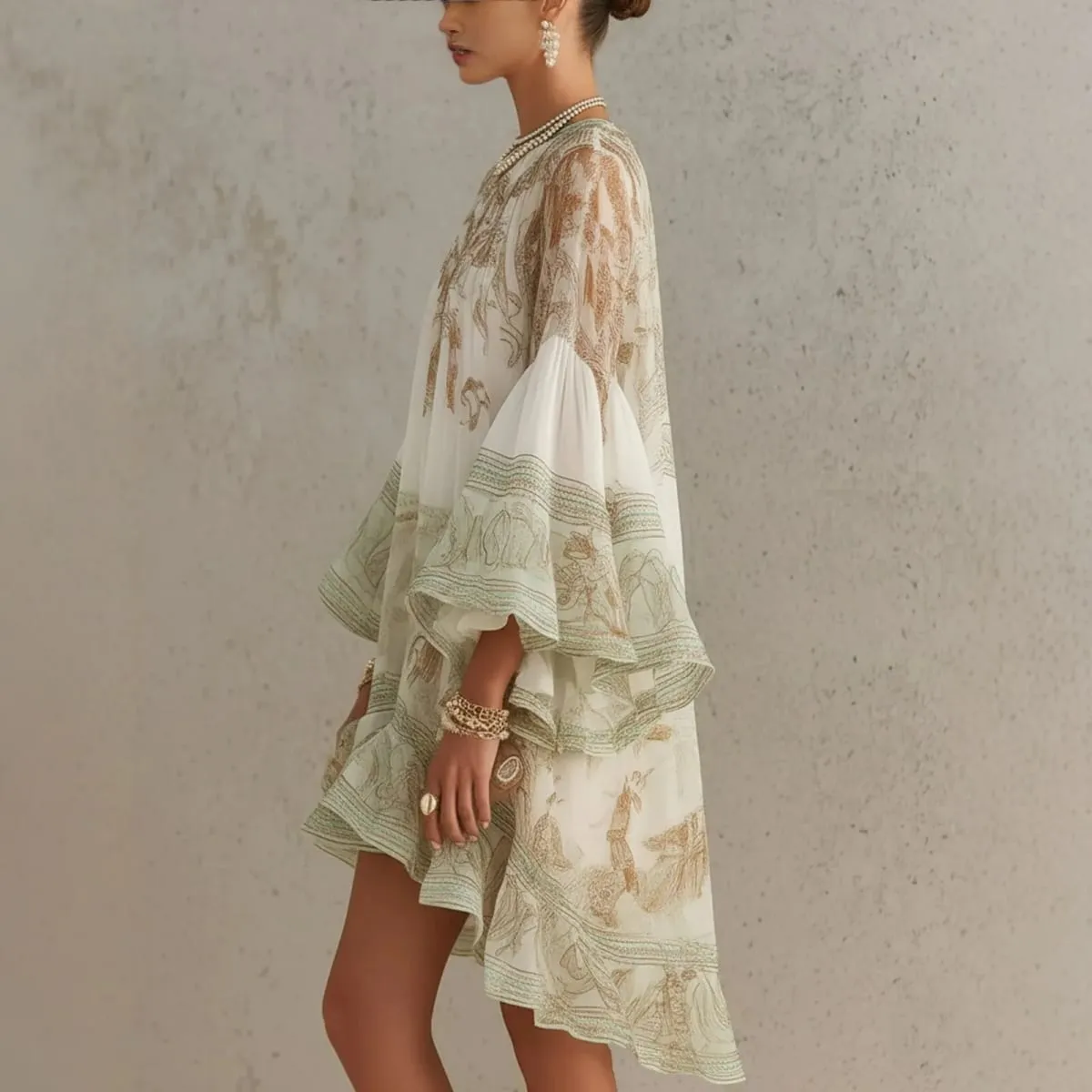 Spring Summer Women Flare Sleeve Floral Print Asymmetric Hem Dress Dresses Retro Ruffle Gown