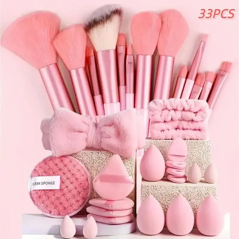 20 33Pcs Full Makeup Tool Set With Puff Brush Beauty Sponge For Makeup Applying And Removing Daily Use