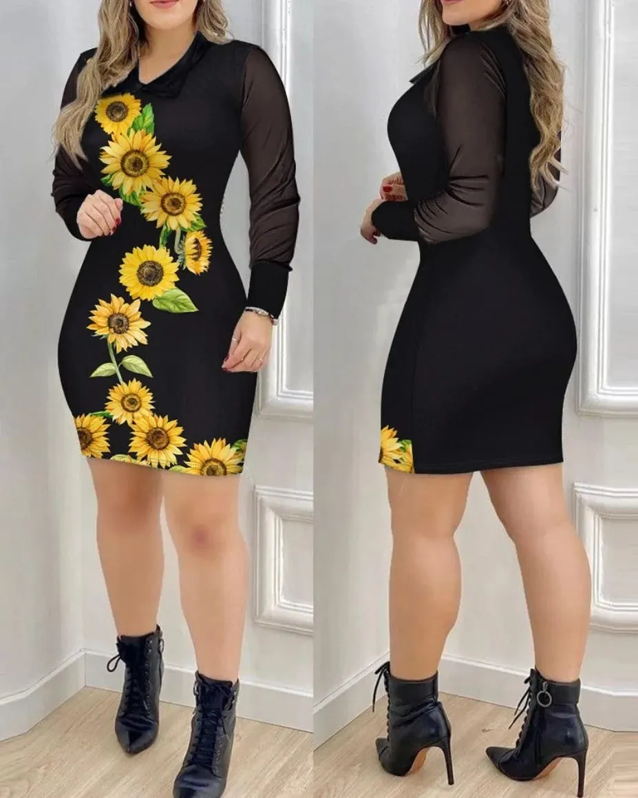 Long Sleeve Mesh Floral Print Bodycon Dress Elegant Slim Fit Mini Dress for Party Daily Wear — image 6