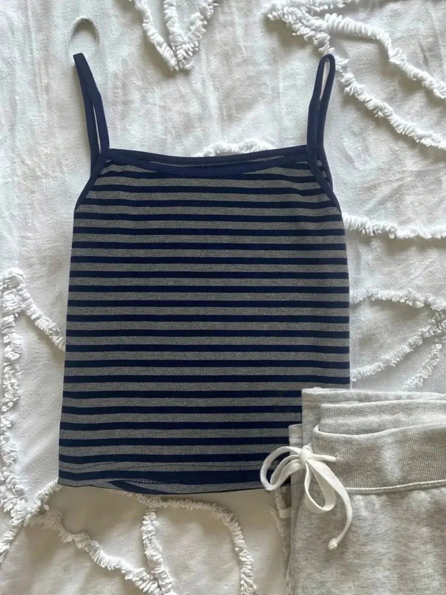 Women Striped Camisole Tank Top Summer Casual Slim Fit Sleeveless Navy Blue Basic Y2K Crop Top
