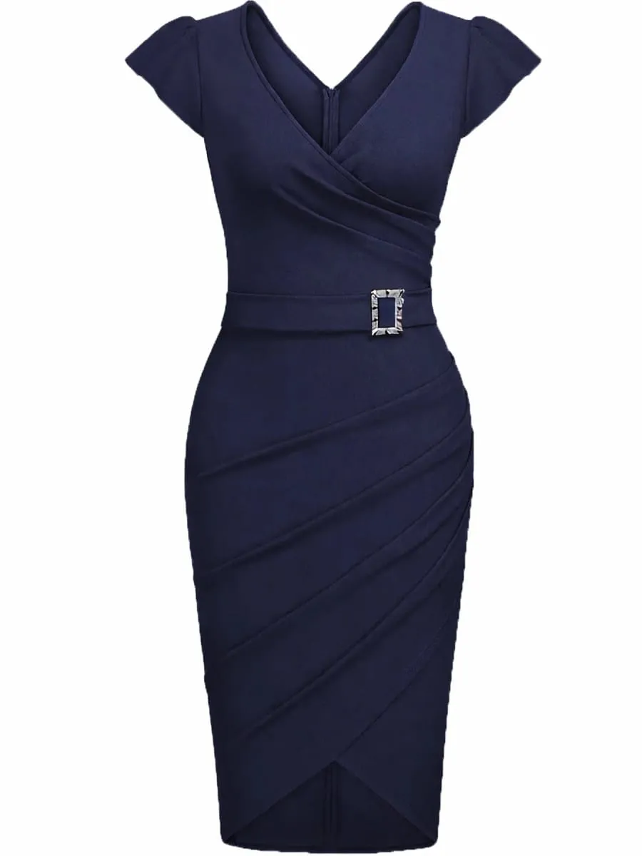 Women's Elegant V-Neck Short Sleeve Summer Cocktail Evening Party Knee-Length Dress Pleat Bodycon Robe Vestido