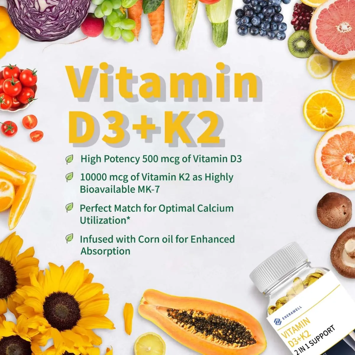 Vitamin D3 K2 MK-7 Supplement Næringsstofstøtte til knoglesundhed Tænder Hjertesundhed og immunfunktion 120 kapsler