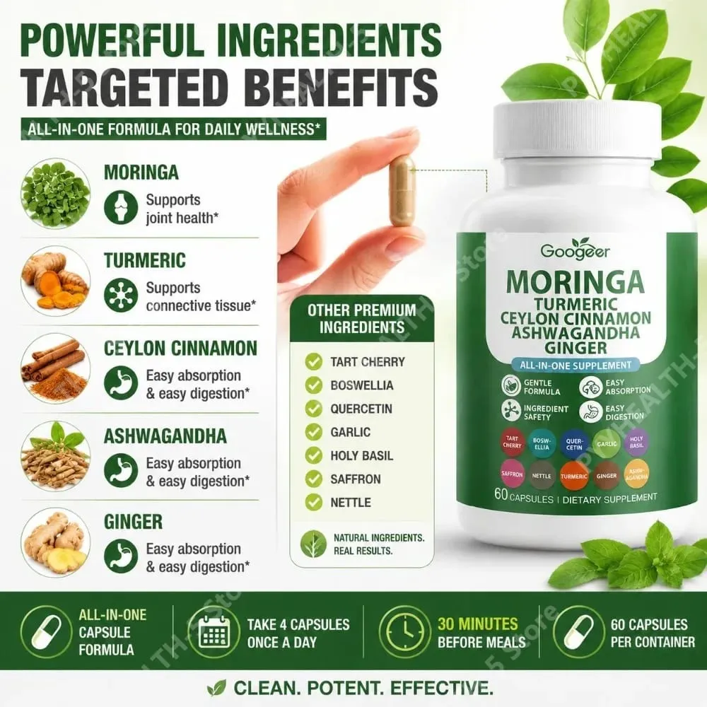 Googeer Moringa Zerdeçal Kapsülleri Ashwagandha Zencefil ve Seylan Tarçın ile Ortak Sağlık Desteği için Hepsi Bir Arada 60 Kapsül