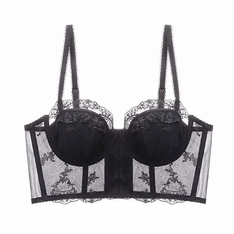 French Fishbone Corset Top Women Lace Lingerie Set Outer Wear Bra Thin Push‑Up Less Bust Side Support Underwear 32‑38