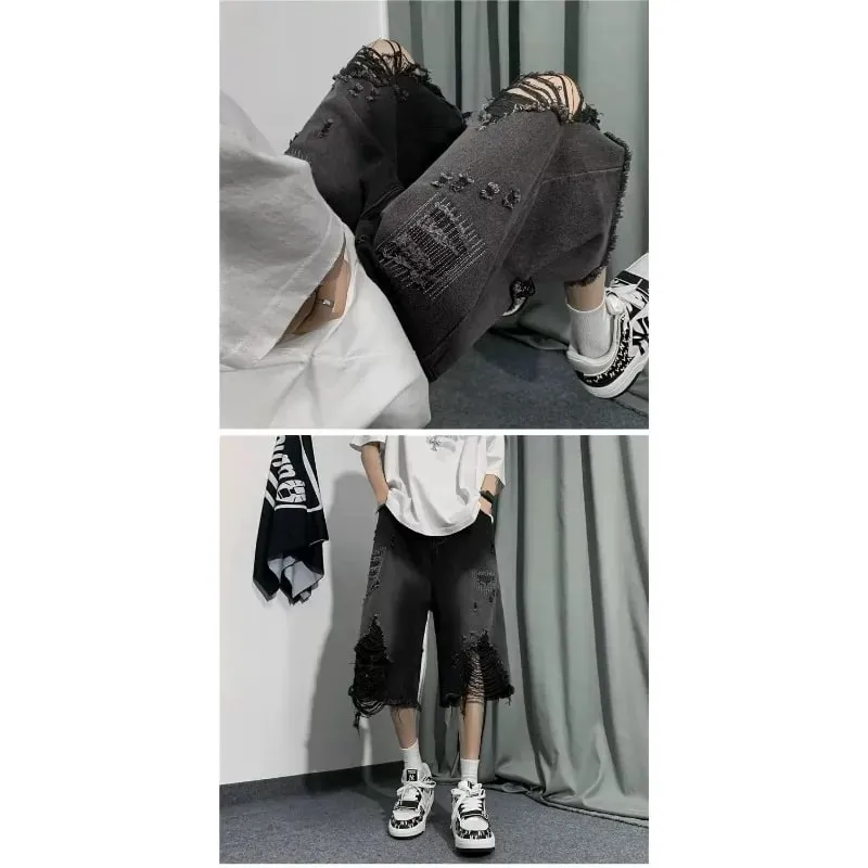 Men's Jeans Ripped Denim Man Pants Cropped Pants Casual Summer Vintage Streetwear Wide Leg Stylish