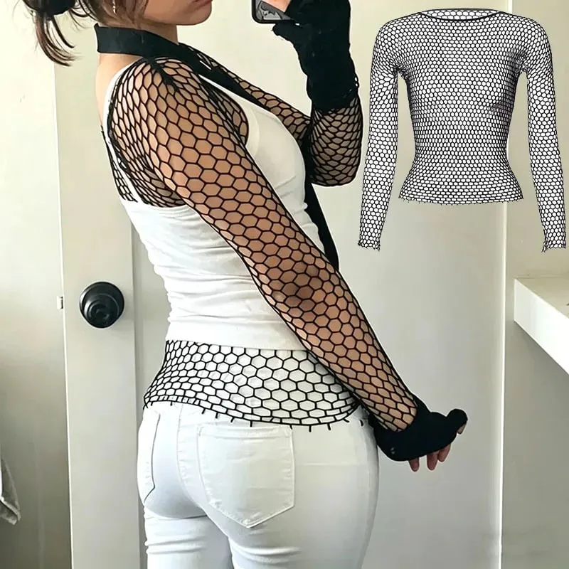 Sexy Hollow Out Mesh T-Shirt Female Skinny Crop Top Fashion Summer Basic Tops for Women Fishnet Shirt