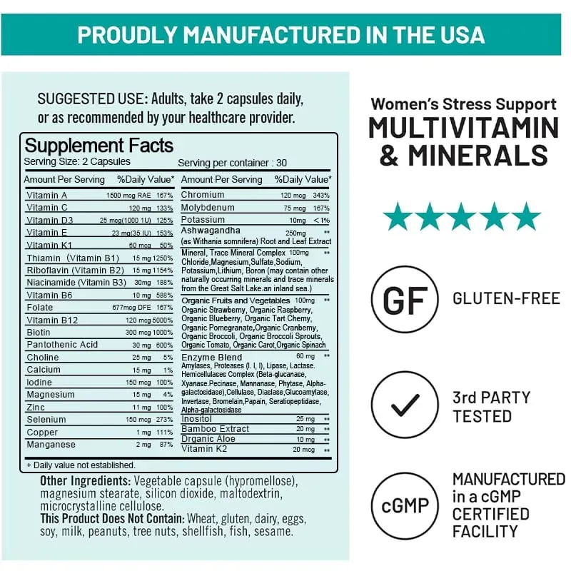Multivitamínico orgânico para mulheres - alimento integral com vitamina C do complexo B D3 e K2 para imunidade, estresse, cabelo, pele e unhas