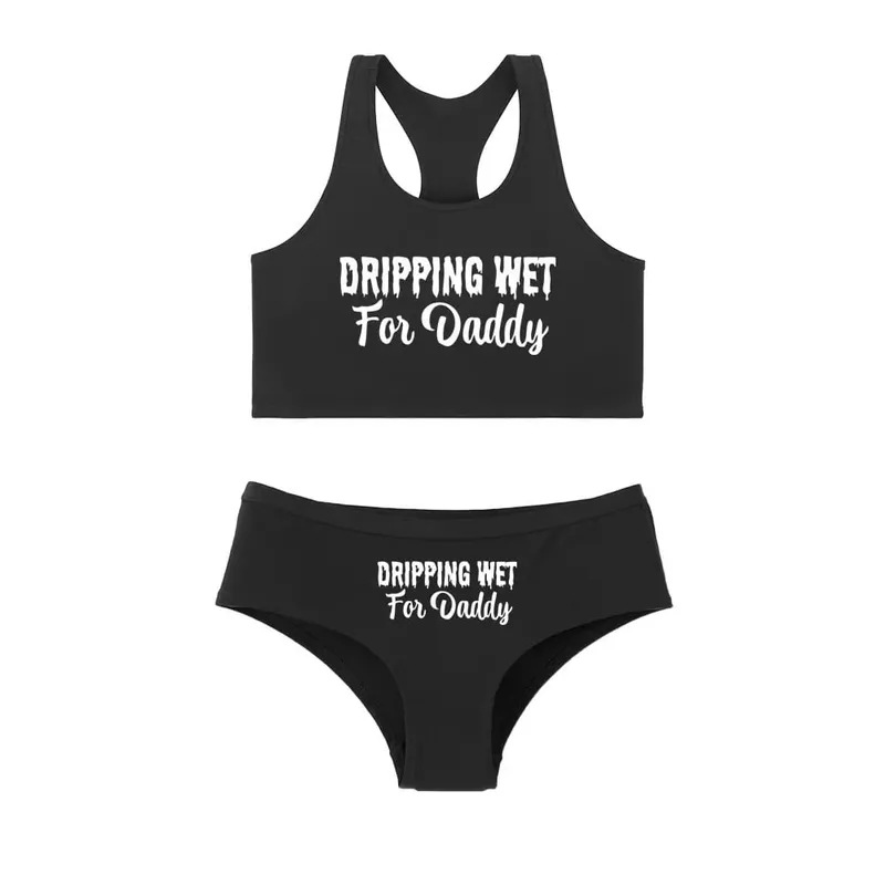 Sexy Women Lingerie Set DRIPPING WET FOR DADDY Vest Briefs Set Comfort Breathable Cotton Tank Tops With Underwear Ladies Clothes