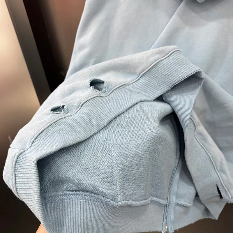 Light Blue PALY Letter Crystal Hoodie Ripped Washed Fashion Patch High Street Casual Men Women 1:1 Zipper Sweatshirts