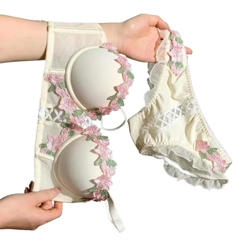 Vintage Floral Lingerie Set Cream Lace Bralette Retro Push Up Bra for Small Bust Women Pure & Sensual Embroidered Wireless — image 5