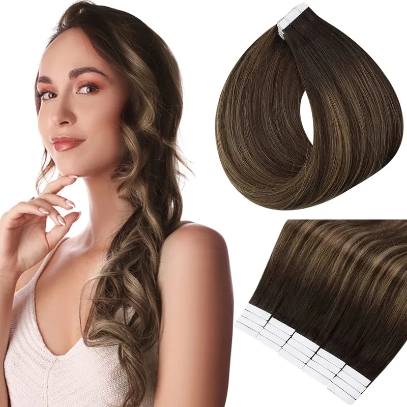 Full Shine Tape in Hair Extensions Human Hair Seamless Silky Straight Skin Weft 20Pcs 50G Add Length for Wedding