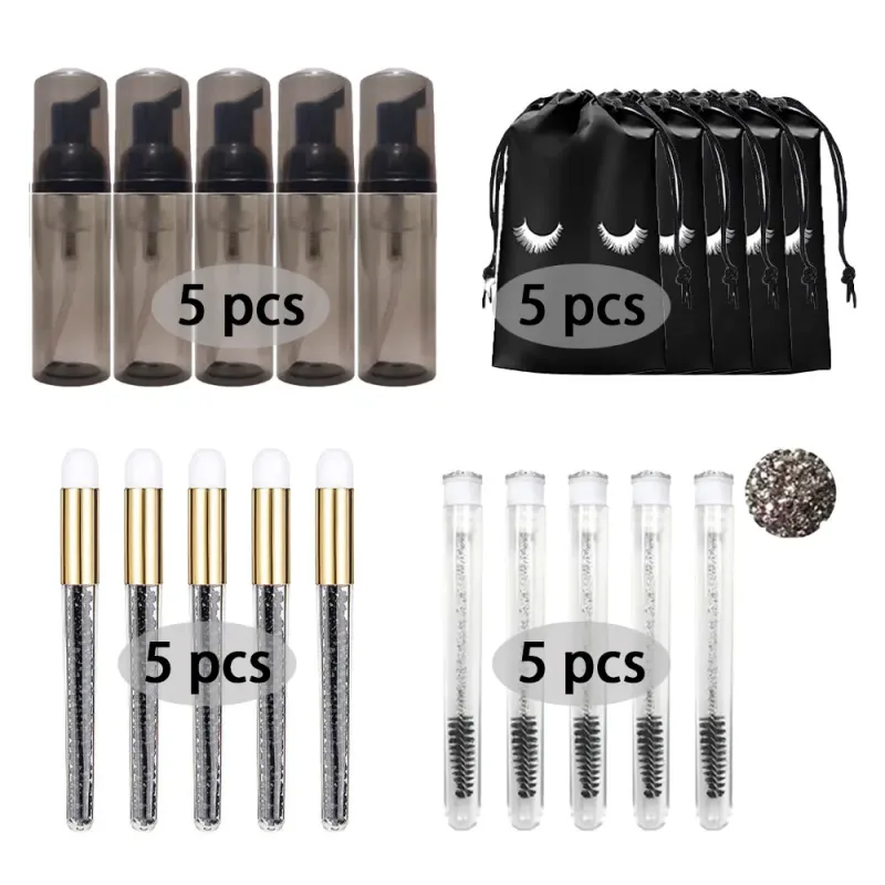 60ml Refillable Empty Plastic Pump Bottle Lash Extension Cleaning Kit Long Rod Brush Lash Curler Dust Tube EVA Storage Bag Tools