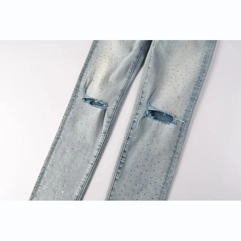 Men's Washed Distressed Skinny Ripped Jeans Light Blue Rhinestone Decor Button Fly High Street Style