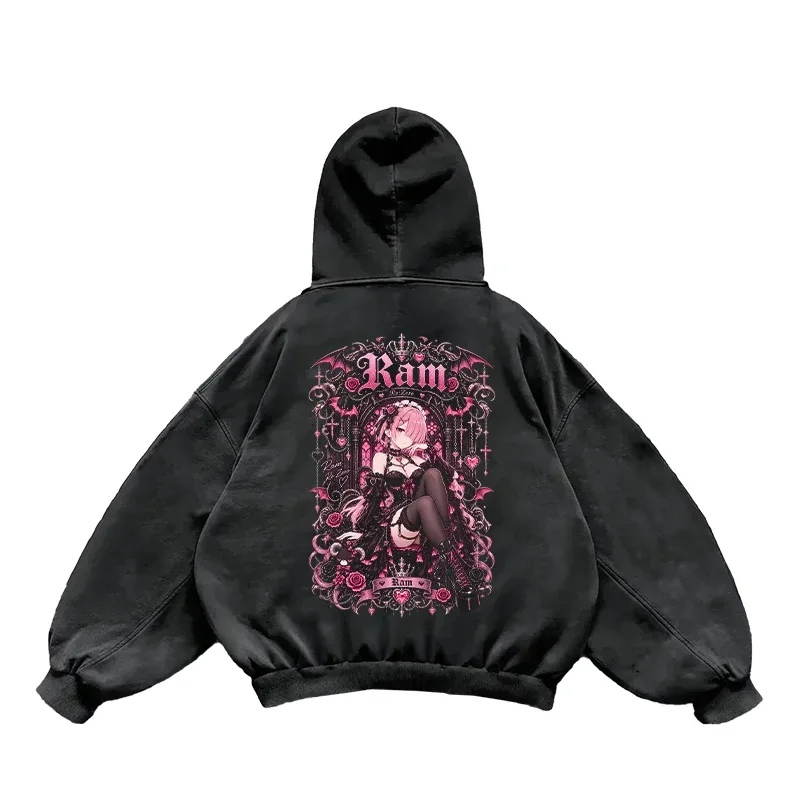 Anime Re:Zero Ram Gothic Hoodies Vintage Washed Streetwear Men Women Clothing Fall Long Sleeves Oversized 100% Cotton Hooded Top