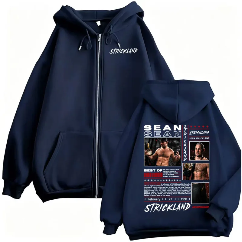 Sean Strickland Retro 90s Style Zipper Hoodies Men's Violence Aesthetic Sweatshirt Jacket Coats Fleece Long Sleeve Zip Up Hoodie