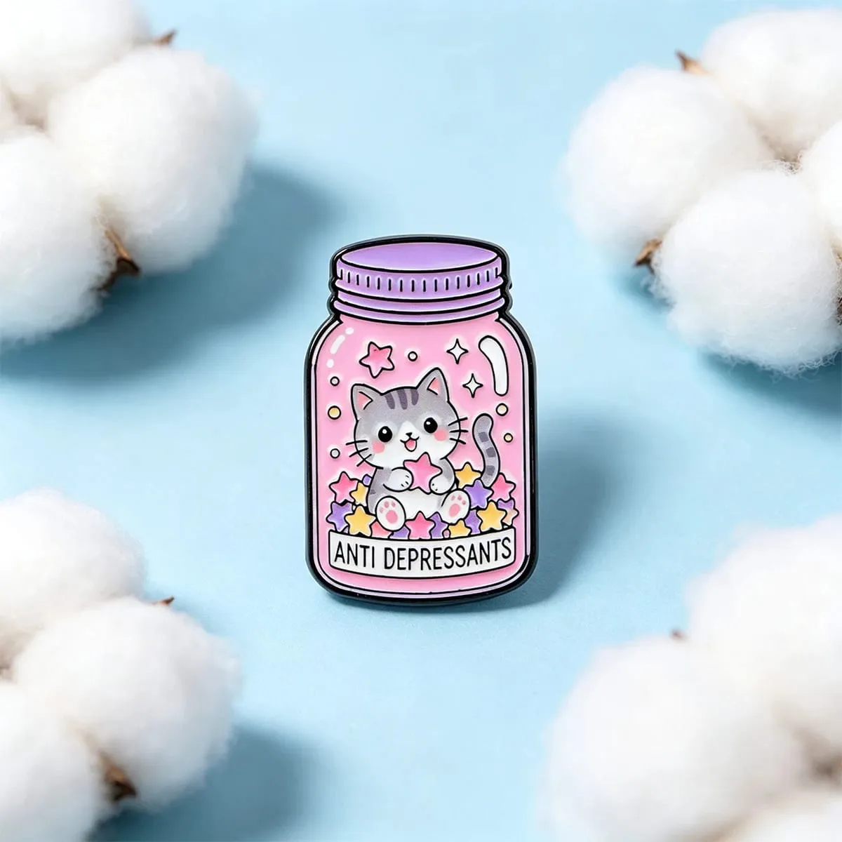 Sweet Pink Cat Star Bottle Enamel Brooch ANTI DEPRESSANTS Badge Cute Animal Lapel Pin Backpack Jacket Decorative Accessory