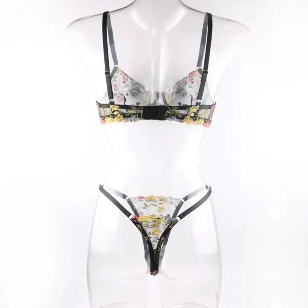 2-Piece Versatile Floral Lingerie Set Embroidery Sheer Boho Bra Panty Set Women Underwear