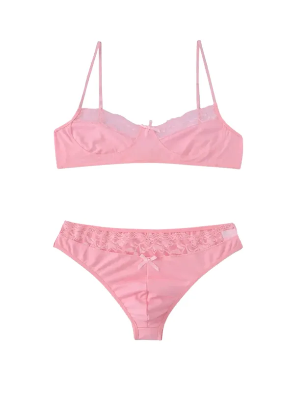 1 Set of 2 Pieces Underwear Set: Men's Erotic Cross-Dressing Bowknot Lace Underwear Set, Lace Panties & Bra Combination Set