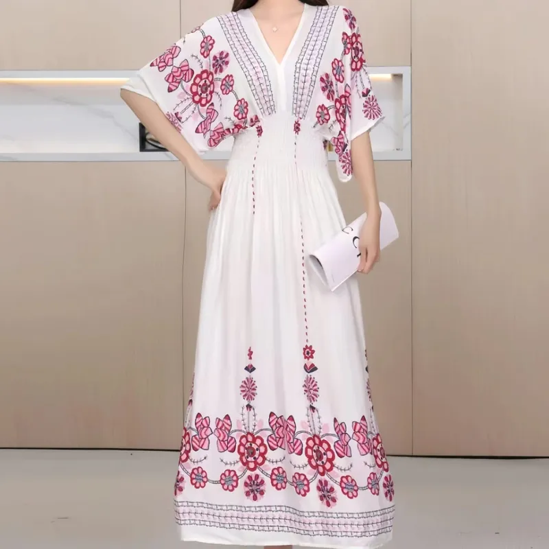 Na co dzień elegancki retro czeski styl narodowy dekolt w serek w pasie duża huśtawka z nadrukiem letnia długa spódnica kobieca sukienka ubrania