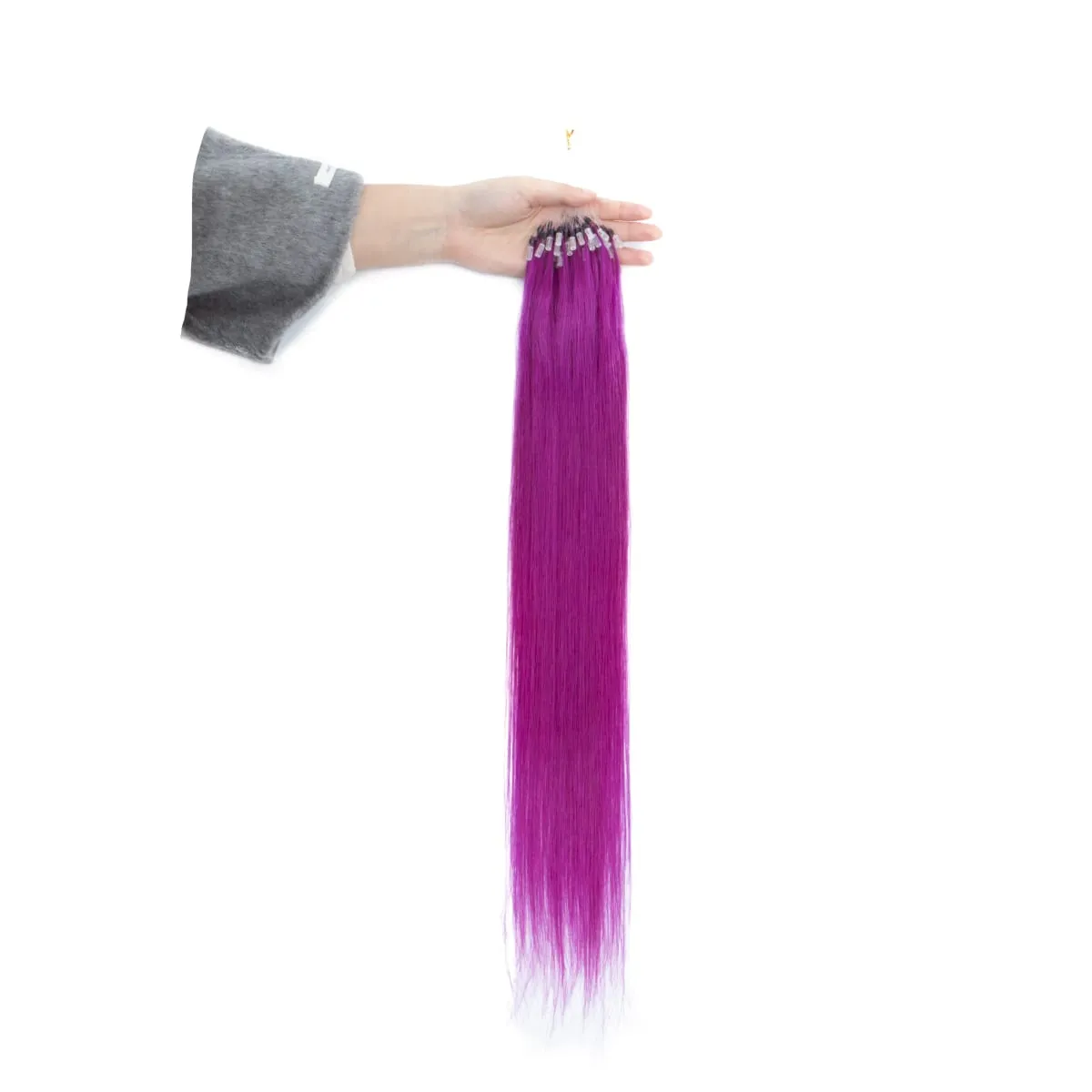 Colored Micro Link Hair Extensions Human Hair No Glue Virgin Human Hair for Women Girls 50 Strands Colorful 30G Gray