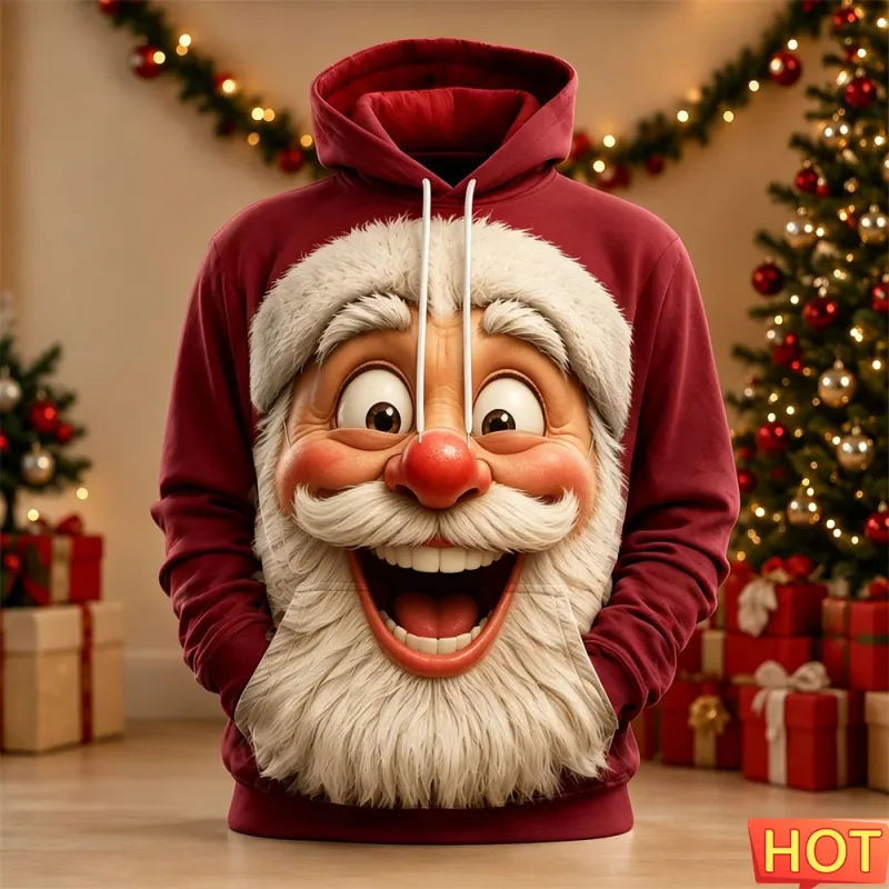 Men's Hoodie Funny Shocked Santa Claus Face Christmas Hoodie Breathable Pullover Sweatshirt for Christmas Holiday Party Wear Top