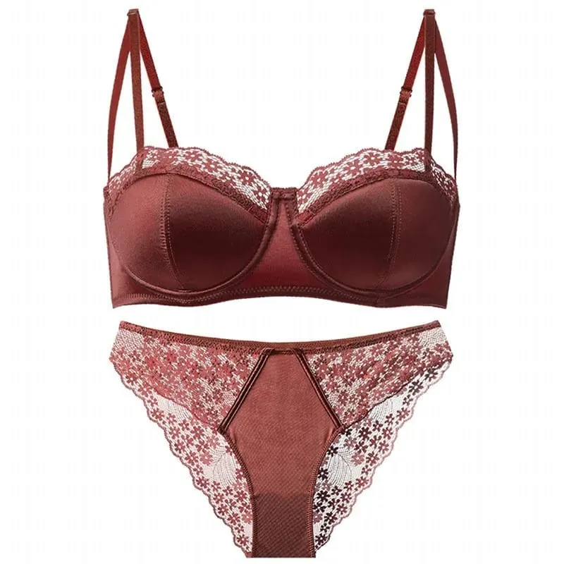 Hot Trend New Sexy Sheer French Lace Demi Cup Minimizer Push Up No Gap Underwire Thin Bra Set Anti-Sagging Side Coverage Women