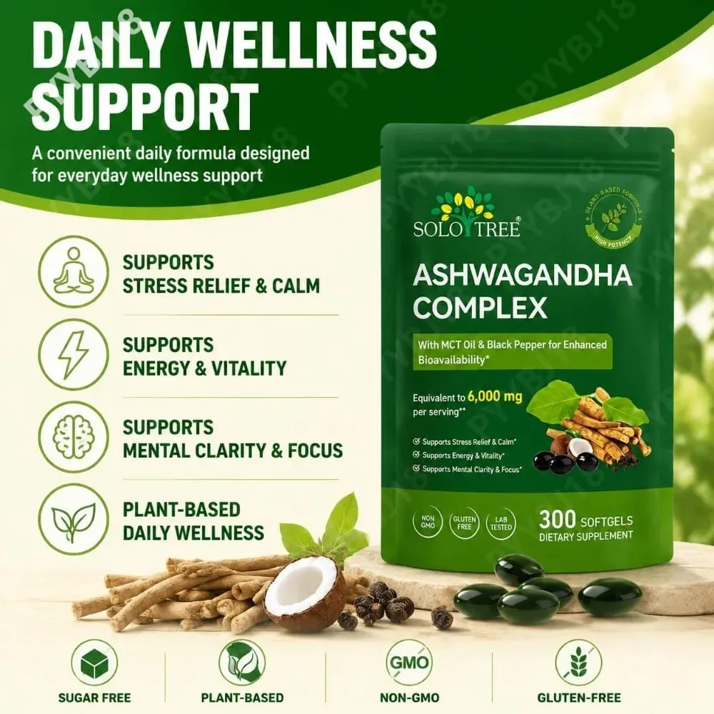 A Solo Tree Ashwagandha Complex lágyzselé támogatja a stresszoldást, megnyugtatja a mentális tisztaságot MCT olajjal és fekete borssal 300 lágyzselével