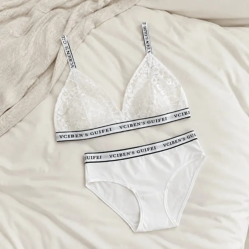 Bra Suit Letter Design Lingerie Set Deep V Lace Women Underwear Suit Color Blocking Wireless Bra Panties Set Famle