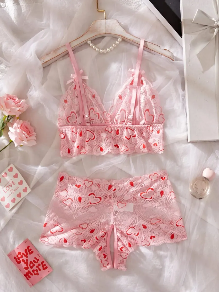 Sexy Strap Lingerie Set Women Bra And Panty Lace Heart Print Hollow Out Open Crotch Bras Panties Intimate Wear Clothing