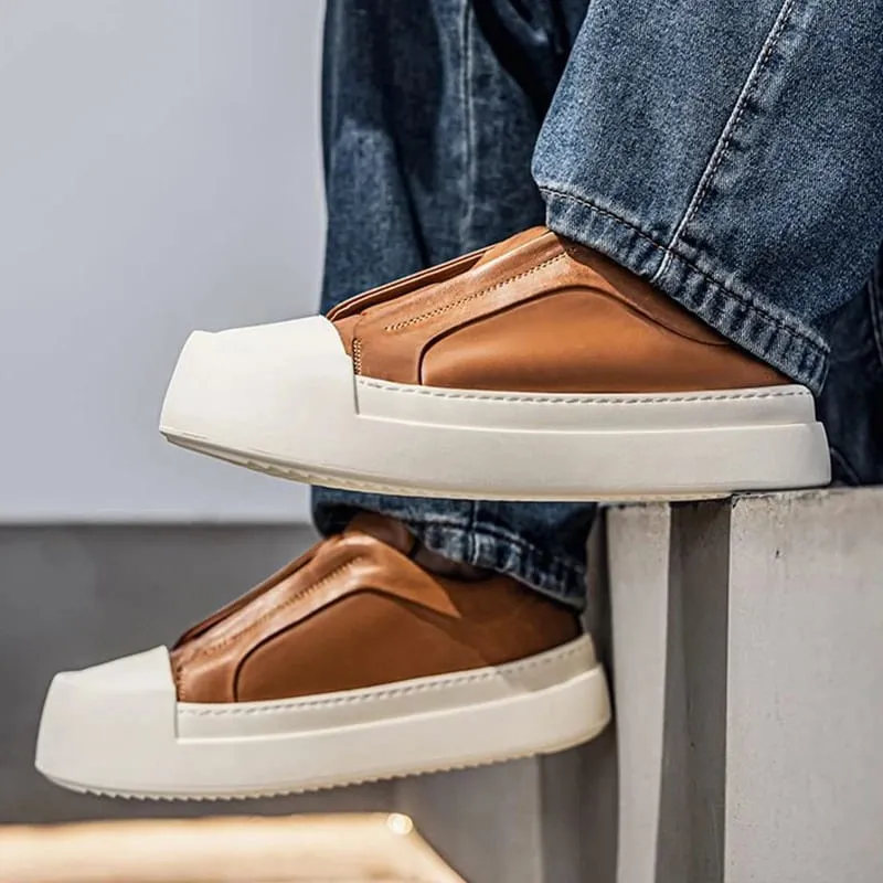 Retro Brown PU Leather Men's Shoes Lightweight Platform Elastic Band Casual Sneakers Fashion Street Walking Shoes High Quality