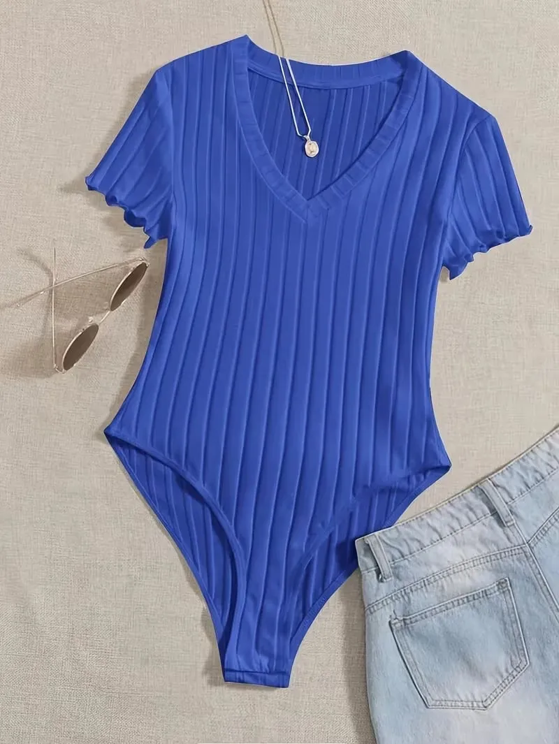 Lettuce Trim Ribbed Bodysuit Women's Sleeveless High Waist Bottom Control Shapewear for Slimming Effect