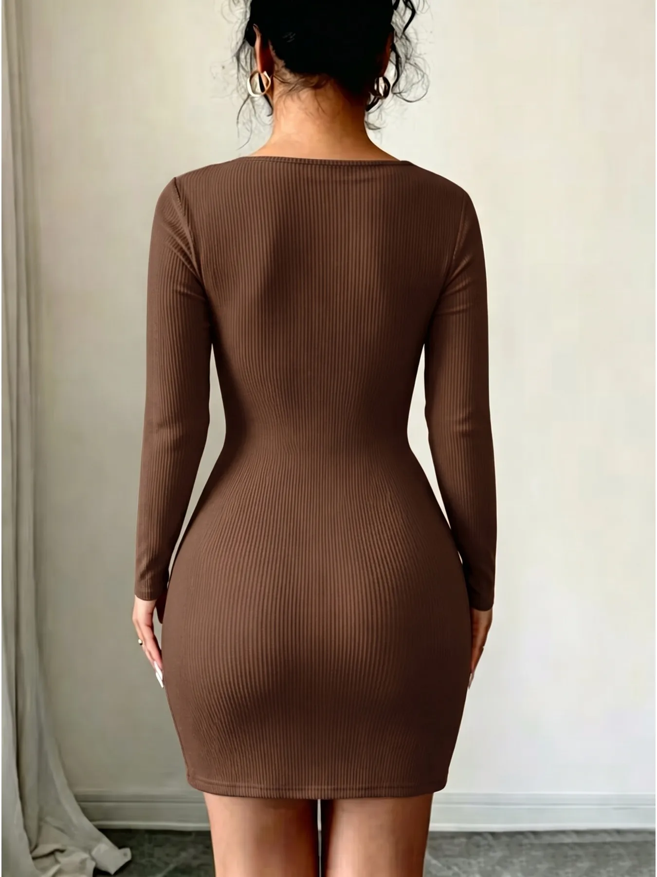 Women's Autumn Casual Elegant Solid Color Dress Mini Skirt Length Long Sleeved Pit Stripe Slanted Collar Fashion
