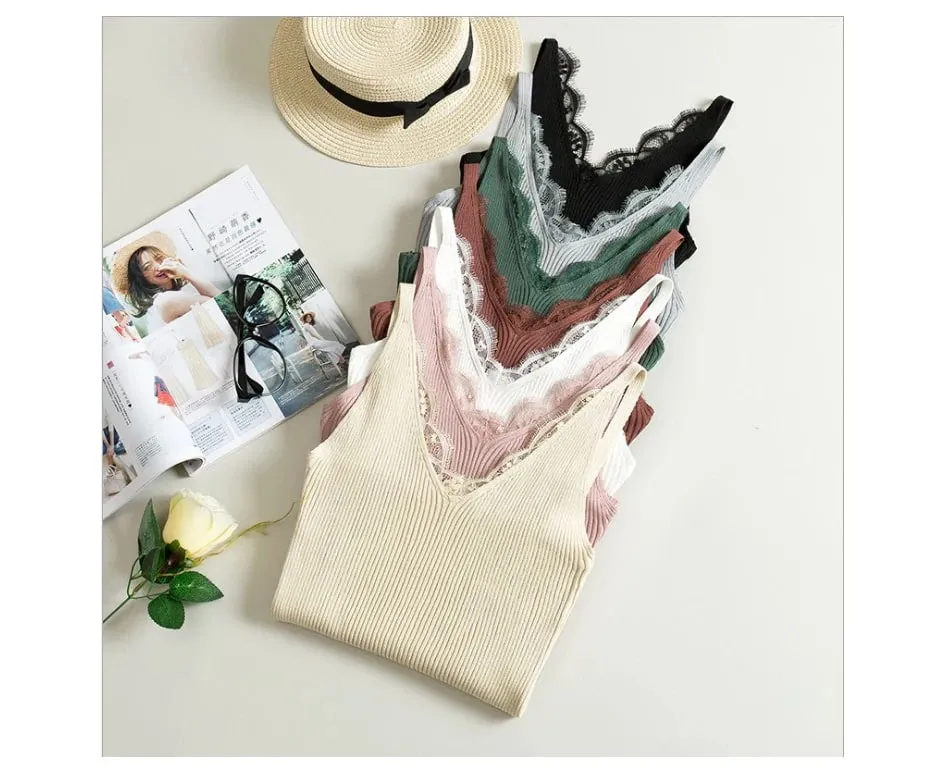 2026 Summer Casual Tops Solid Stitching V-neck Camis Women Hook Flower Lace Tank Female Knitted Short Slim Sleeveless Shirt