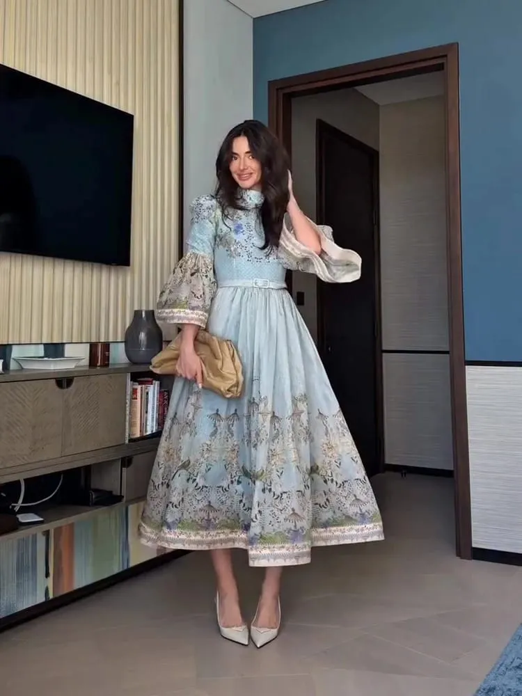 Lace Printed Women's Dress Elegant Half High Collar Loose Sleeve Single Breasted Belt Female Skirt 2026 Summer Lady Draped Robe