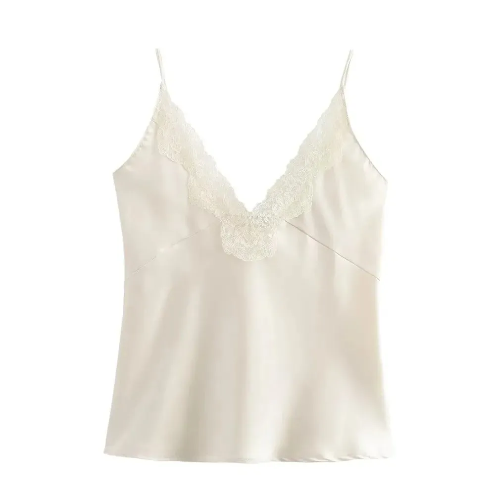 Casual Solid Color Lace Patchwork Tanks Spaghetti Strap Breathable Satin Camisole Sleeveless V-neck Tops Party Outfit