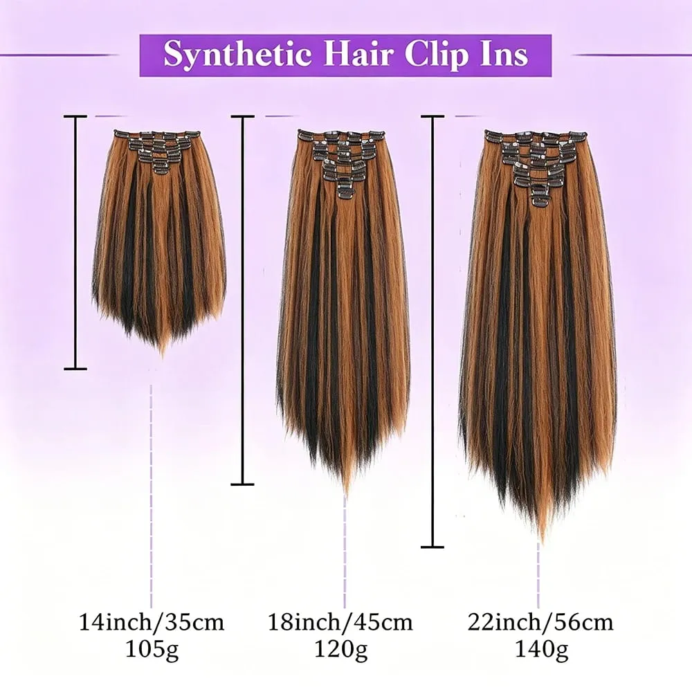 14-22icnh Synthetic Yaki Straight Clip In Hair Extensions For Women Black 7Pcs/Set Synthetic Extensions Hairpiece