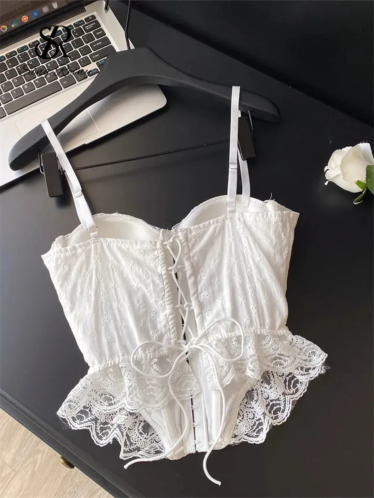 Nakış Lingerie Korse Üst Bayanlar Askı Dantel Up Shapwear Seksi Kaşkorse Fransız Dantel Ruffles Hotsweet Tank Top