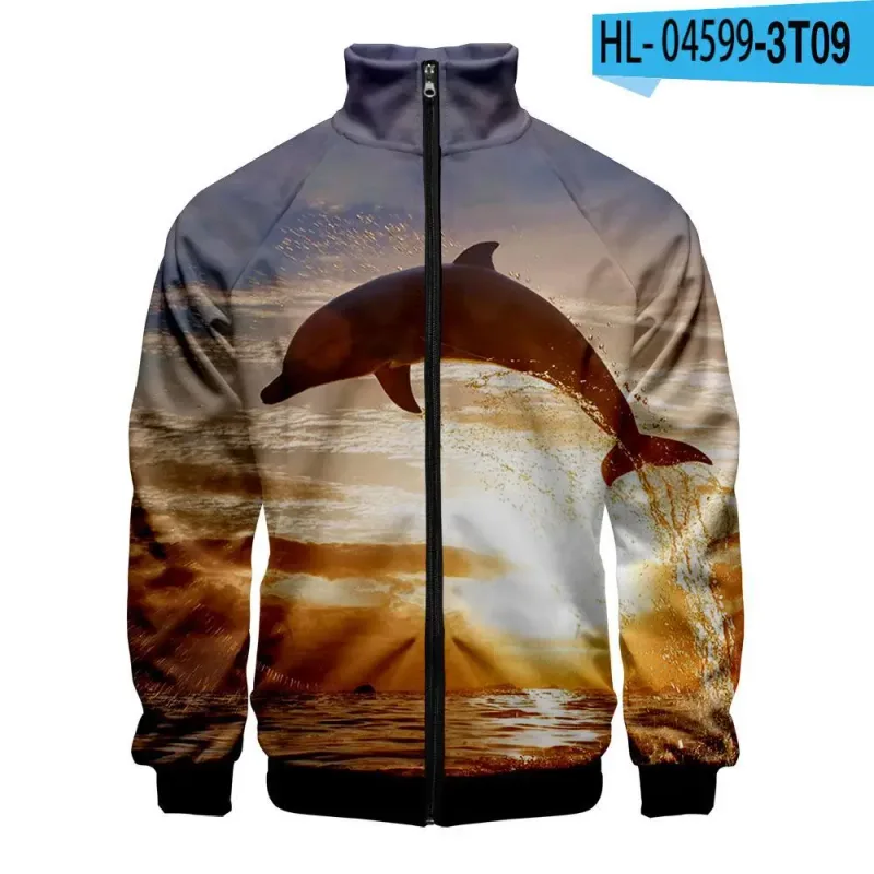 Harajuku Popular Novelty dolphin 3D Print Zipper Raglan Jacket Windbreaker Boys/Girls Comfortable Stand Collar Jackets Coats