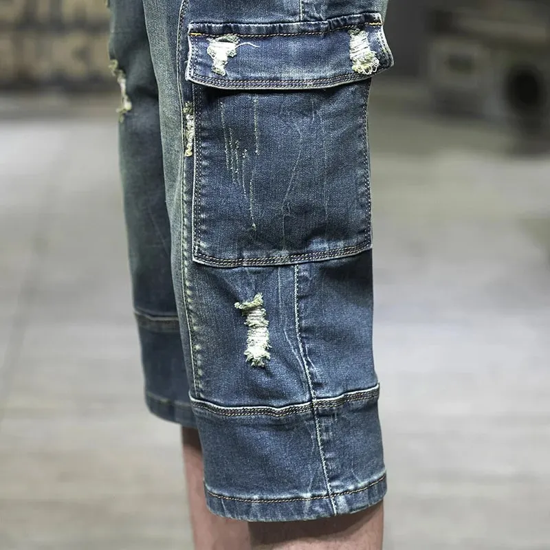 Cargo Man Denim Shorts Knee Length Half Long Bermuda Short Jeans Pants for Men with Pockets Blue Luxury Jorts Thin Streetwear