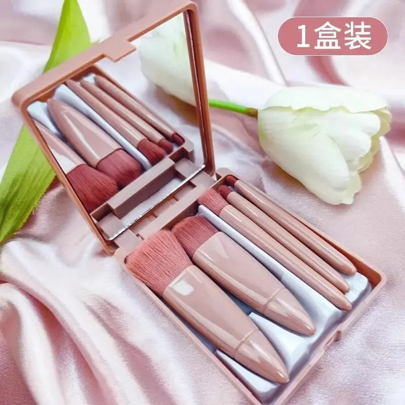 5Pcs Travel Makeup Brush Set Built-in Mirror Soft Fiber Portable Brushes Face Eye Lip Blending Daily Makeup Tools