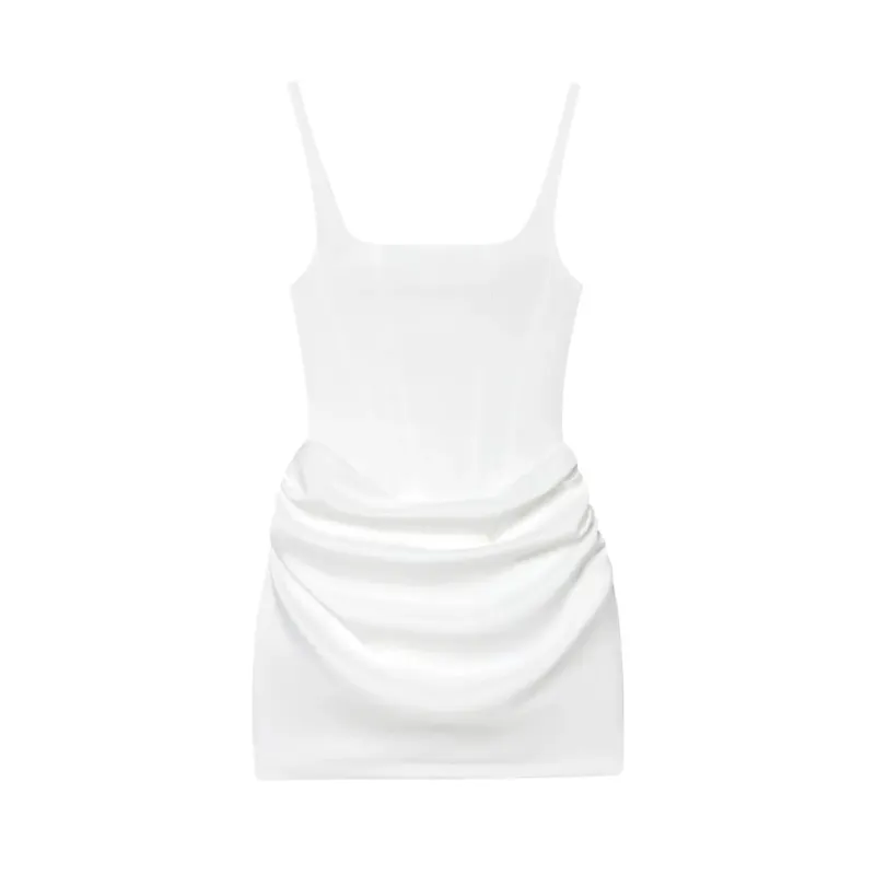 HH Women Sexy Pleated Mini Dress Square Neck Sleeveless Straps Dresses Summer Woman Vinatge Party Vacation Beach Dress Vestidos