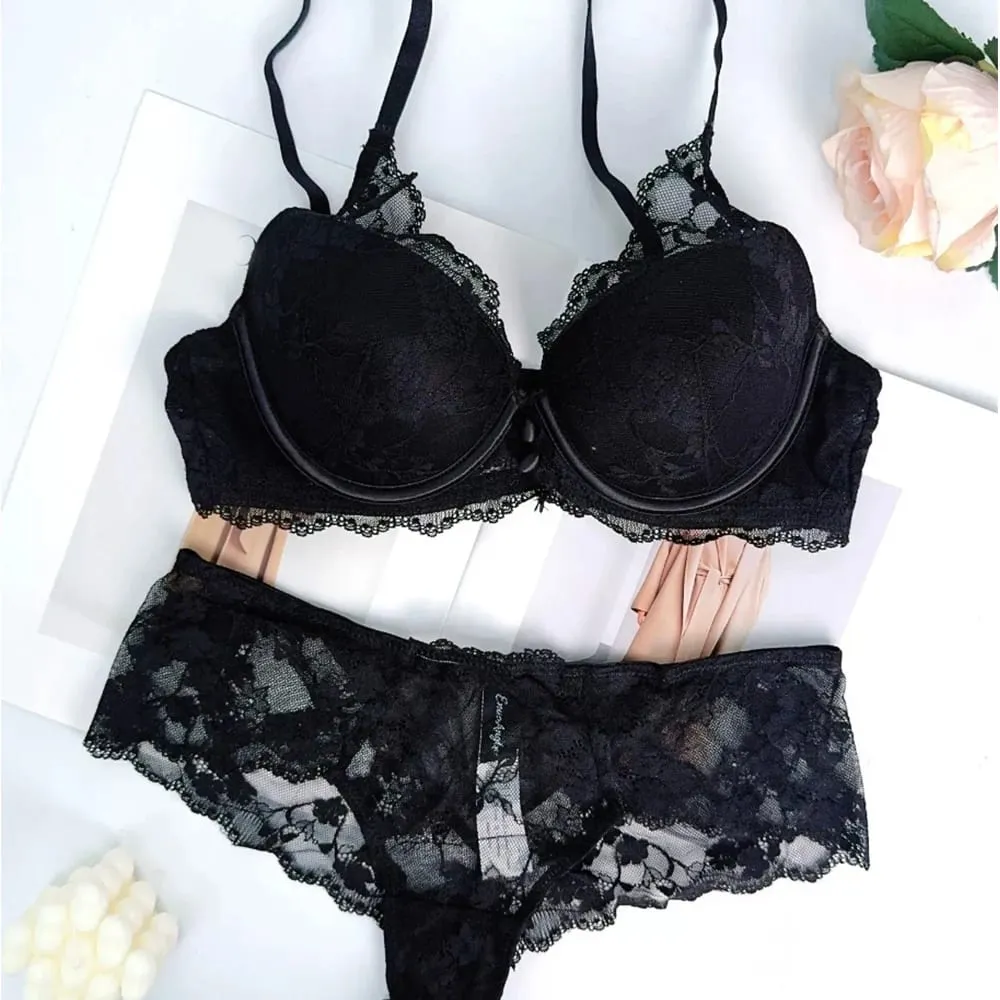 Women Midnight Whisper Floral Lace Lingerie Set Underwire Deep V Bra & Panty 2‑Pcs Delicate Front Button Intimate Underwear