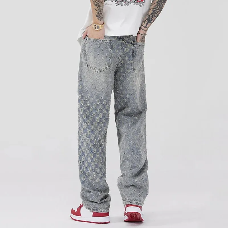 Nam Phong Cách Mỹ Vintage Dệt Hoa Thiết Kế Quần Jean Thời Trang Nam Mùa Hè Mỏng Hàng Ngày Thường Ngày Denim Quần Rời Ống Suông Quần
