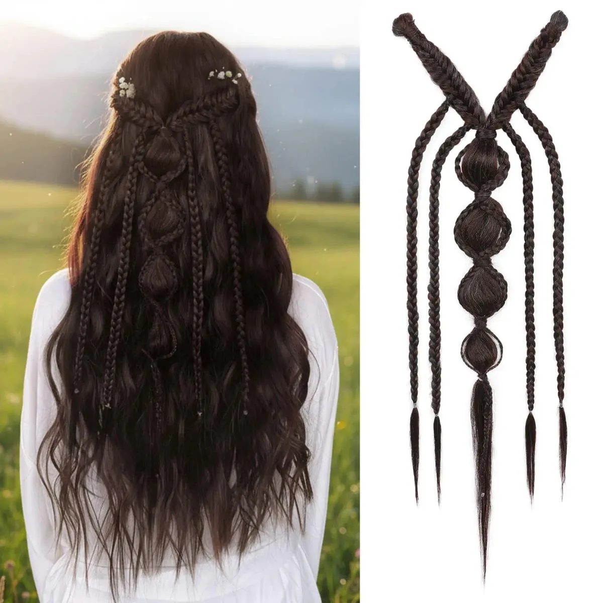 Synthetic Clip in Braid Hair Extensions - Boho Festival Princess Braid Hair Extension Fairy Cosplay Wedding Hairpiece for Women