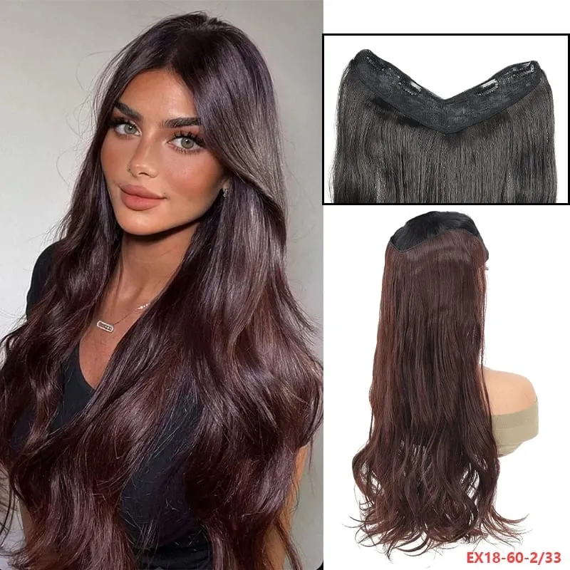Peça de peruca em V de fácil encaixe, extensão de cabelo sintético ondulado de 20 "ou 24" adiciona comprimento e plenitude em segundos