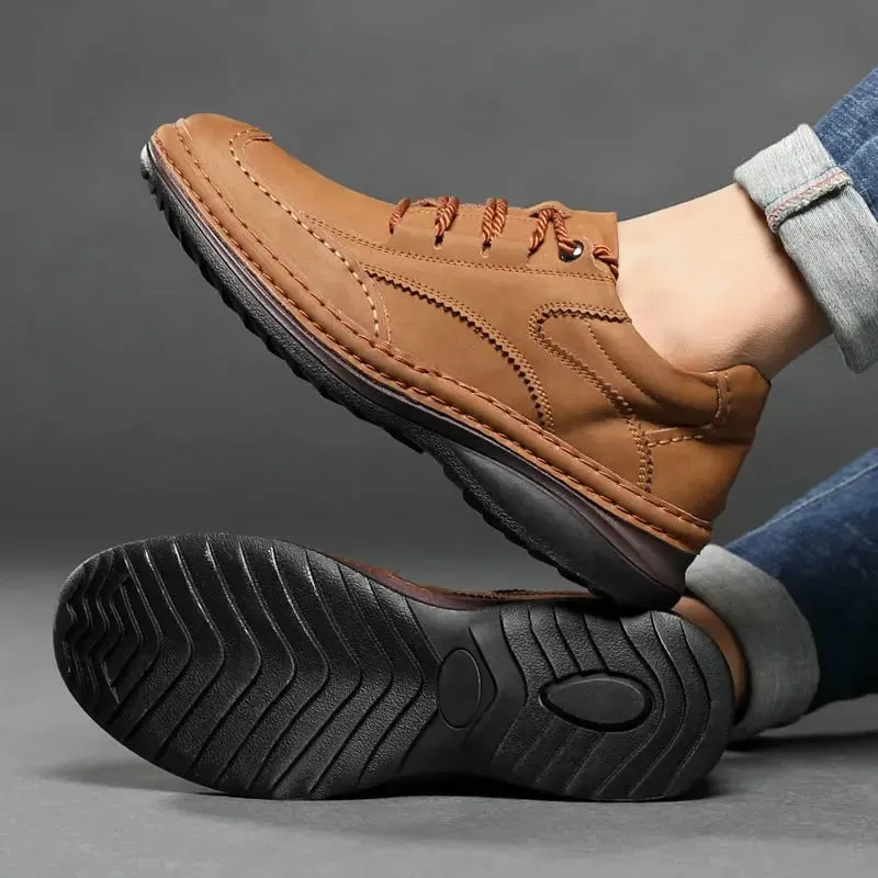 Men Handmade Stitching Cowhide Shoes Casual Lace Up Walking Footwear Comfort Non Slip Rubber Sole Breathable Outdoor Daily Shoes